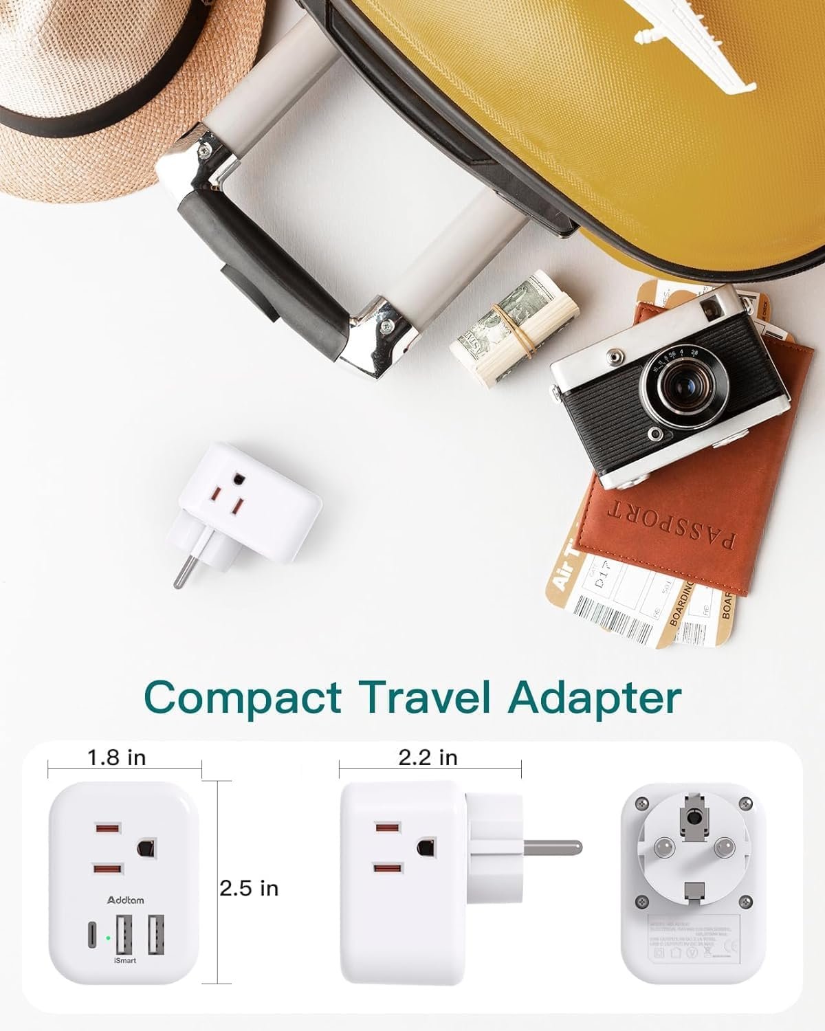 2-Pack Germany France Travel Plug Adapter, 3 Outlets and 3 USB Charging Ports(1 USB C), Addtam Type E/F International Power Adapter, Travel Essentials US to Europe France Germany South Korea