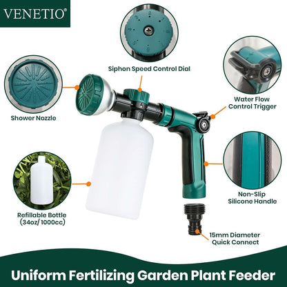 VENETIO 8-Dial Hose-End Sprayer for Liquid Fertilizer & Chemicals | Multi-Purpose Lawn & Garden Nozzle Spreader for Uniform Fertilizing, Pet Washing and Outdoor House Cleaning, 1000ml Dispenser Bottle