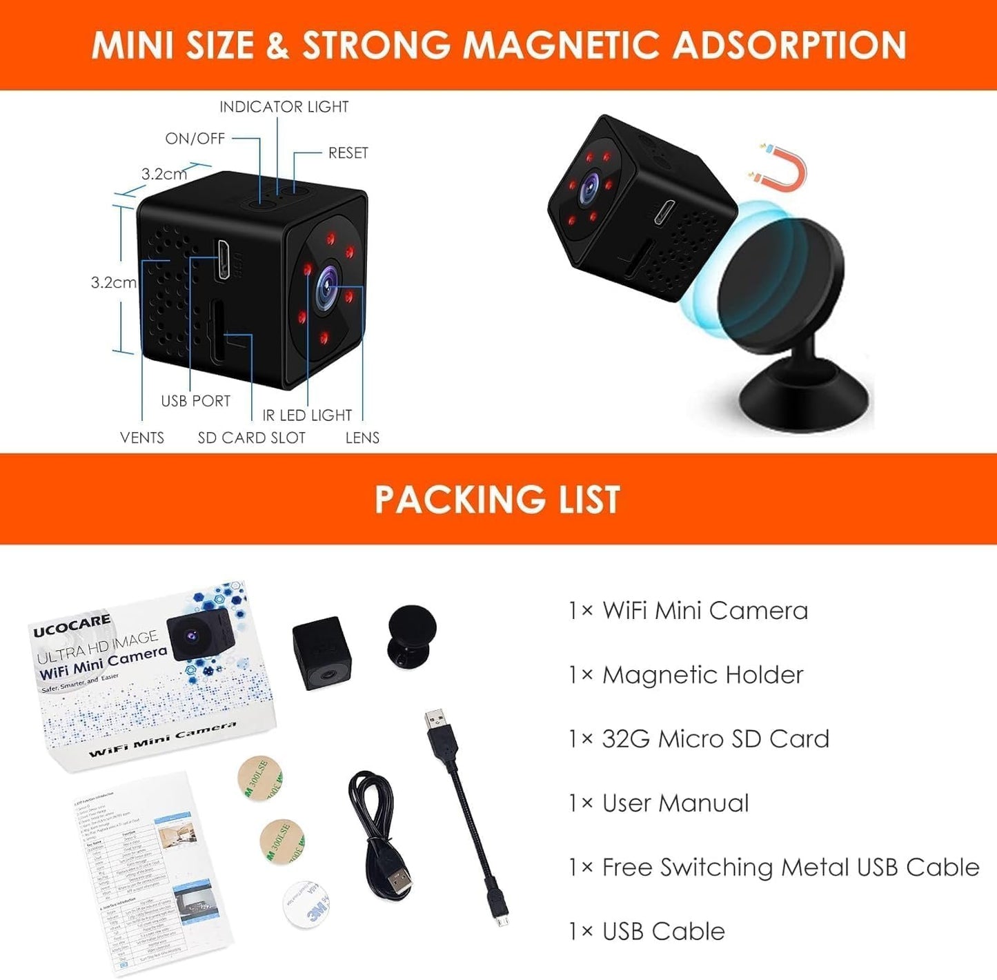 4K Spy Camera, UCOCARE WiFi or No WiFi Options Security Camera, Mini Camera with 32GB Memory Card, Wire-Free Portable, Smart Motion Detection, 150Â° Wide View Angle, Nanny Cam, Night Vision(Black)
