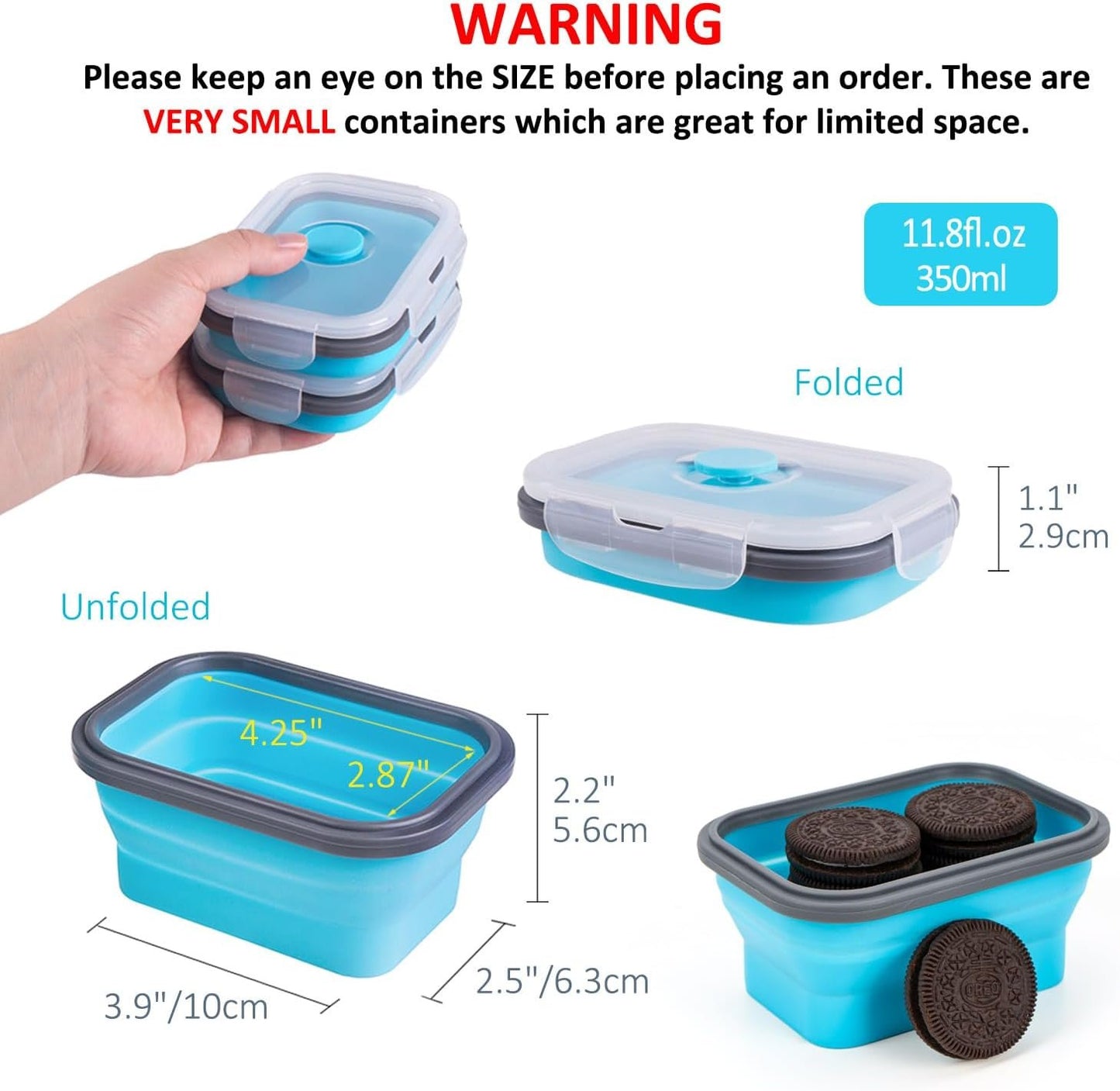Collapsible Food Storage Containers with Airtight Lid and Vent Valve, Stacking Silicone Collapsible Storage Containers for Food, Microwave & Freezer & Dishwasher Safe, Blue, Small, Set of 4