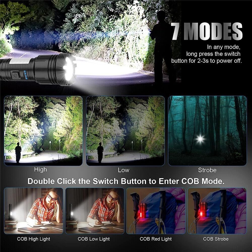 Rechargeable LED Flashlight 1000000 High Lumens XHP50.2 Super Bright Tactical Powerful Handheld Flashlights with IPX6 Water-Resistant, Zoomable, 7 Light Modes for Camping Emergencies