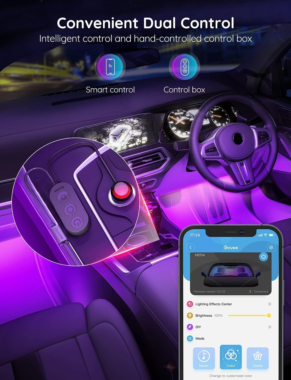 Govee Interior Lights for Car, App Control Smart Car Lights with DIY Mode and Music Mode, Waterproof LED Interior Lights with 2 Lines Design, RGB Under Dash Car LED Lights with Car Charger, DC 12V
