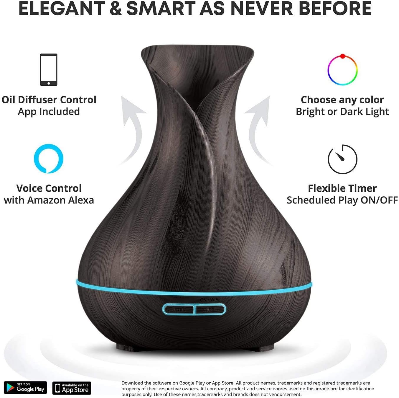 Smart WiFi Wireless Essential Oil Aromatherapy 400ml Ultrasonic Diffuser & Humidifier with Alexa & Google Home Phone App & Voice Control - Create Schedules - LED & Timer Settings (Coffee Black)
