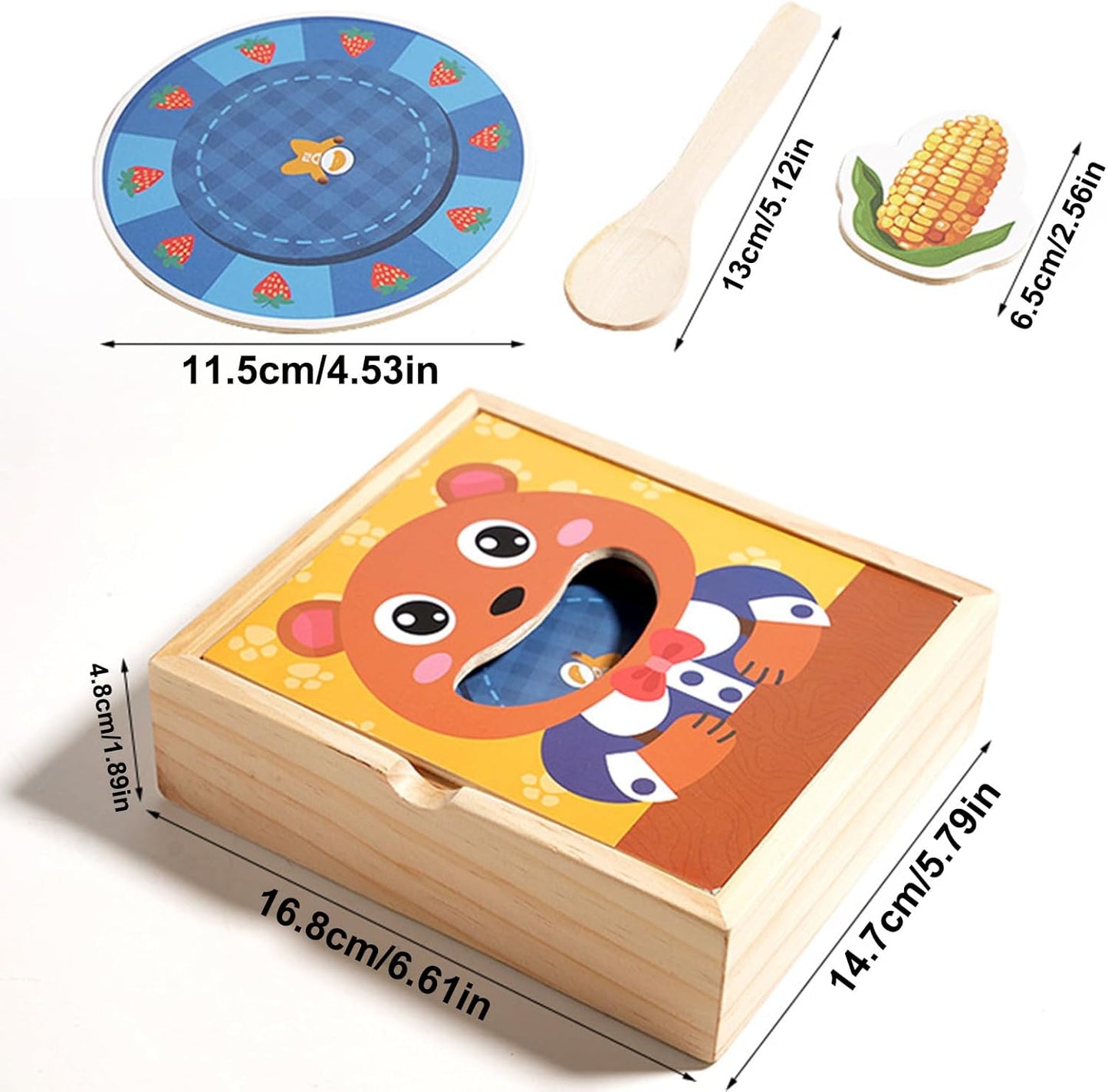Wooden Feeding Toy, Bear Pretend Food Set, Encourages Learning Play Set, Educational Training Game for Toddler Ages 3+, 6.61 x 5.79 x 1.89 inches, Multicolour