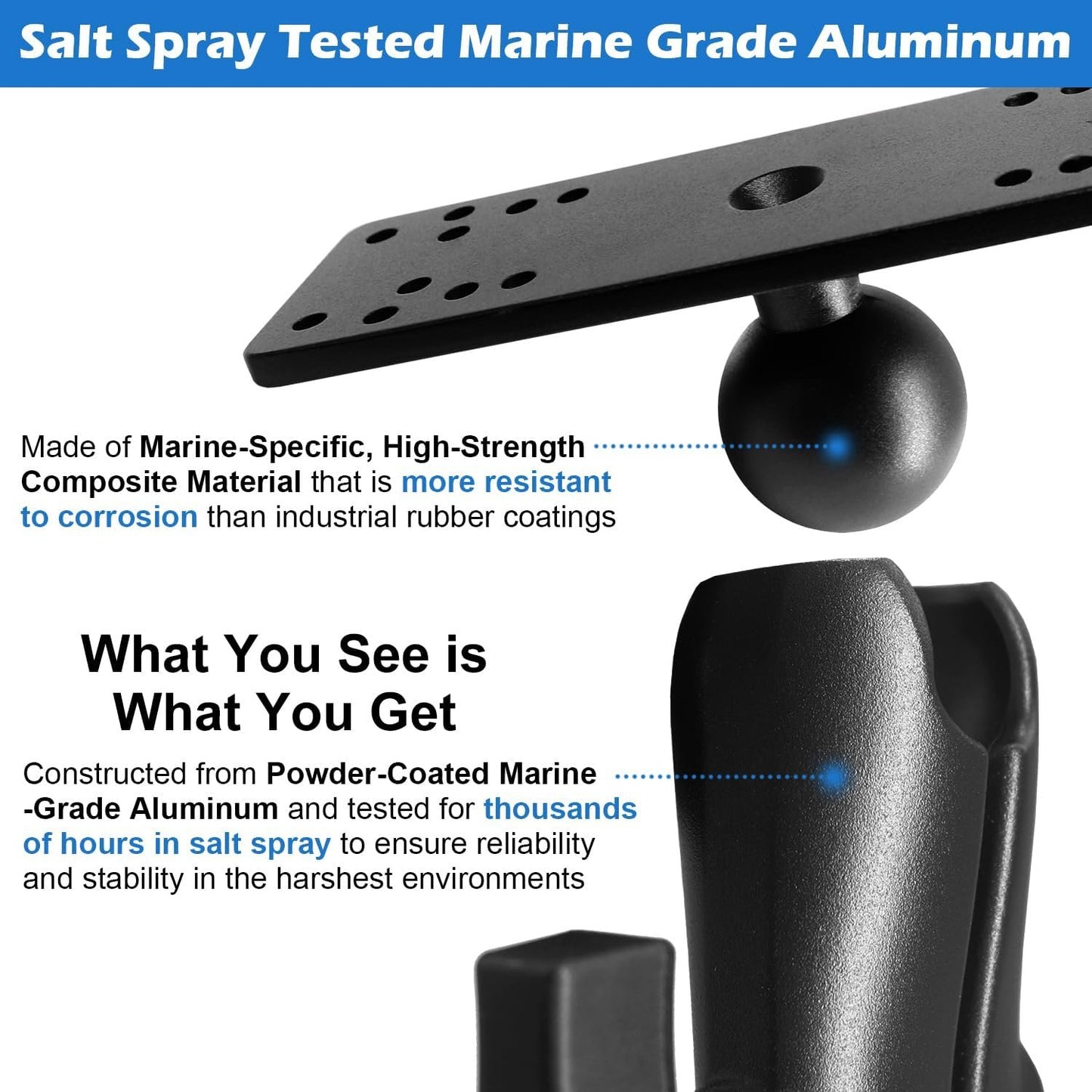 WINDFRD 1.5" Ball Medium Arm Marine Electronic Mount, Fish Finder Mount, Universal Mounting Plate with 1.5 inches / 38mm / C Size Ball Adapters, Compatible with Humminbird, Garmin, Lowrance and More