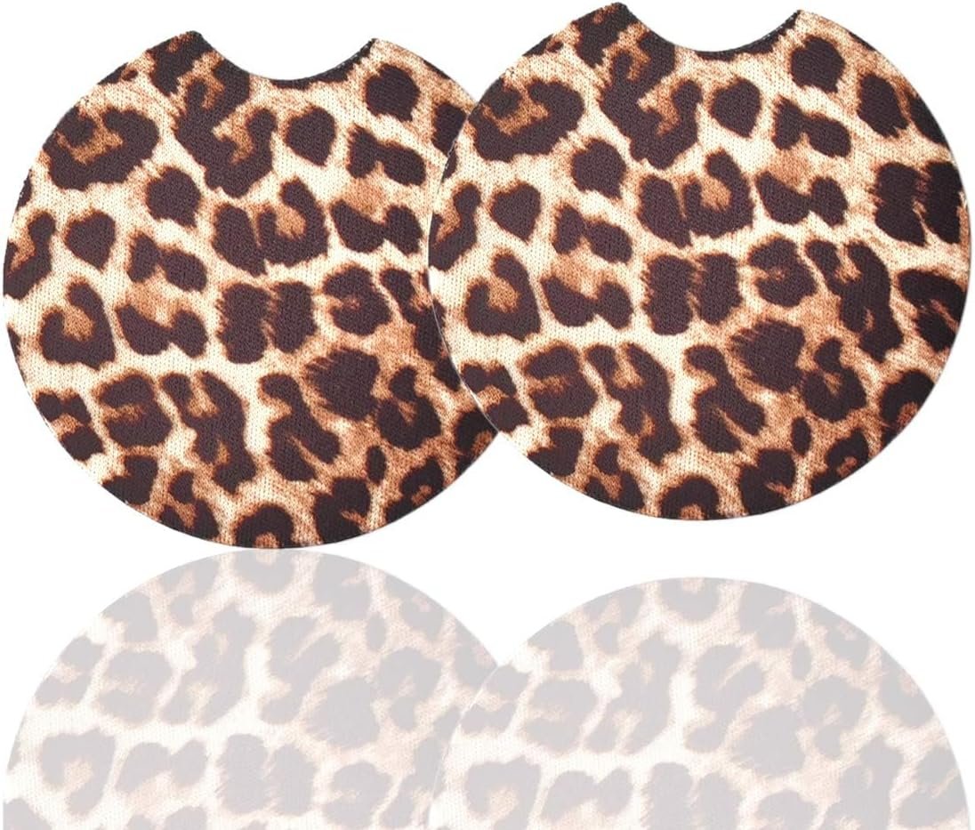XINLIYA 2 Pack Car Coasters for Drinks Absorbent - 2.75 Inch Cute Car Cup Holder Coasters for Women, Removable Cup Holder Coaster for Car, Car Interior Accessories for Women & Girls (Yellow Leopard)