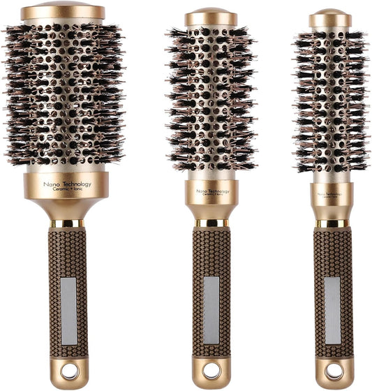 3 Pcs Boar Bristle Round Brush for Blow Drying, Nano Thermal Ceramic and Ionic Tech Hair Brush for Curling and Straightening - Large，Medium and Small Round Brushes