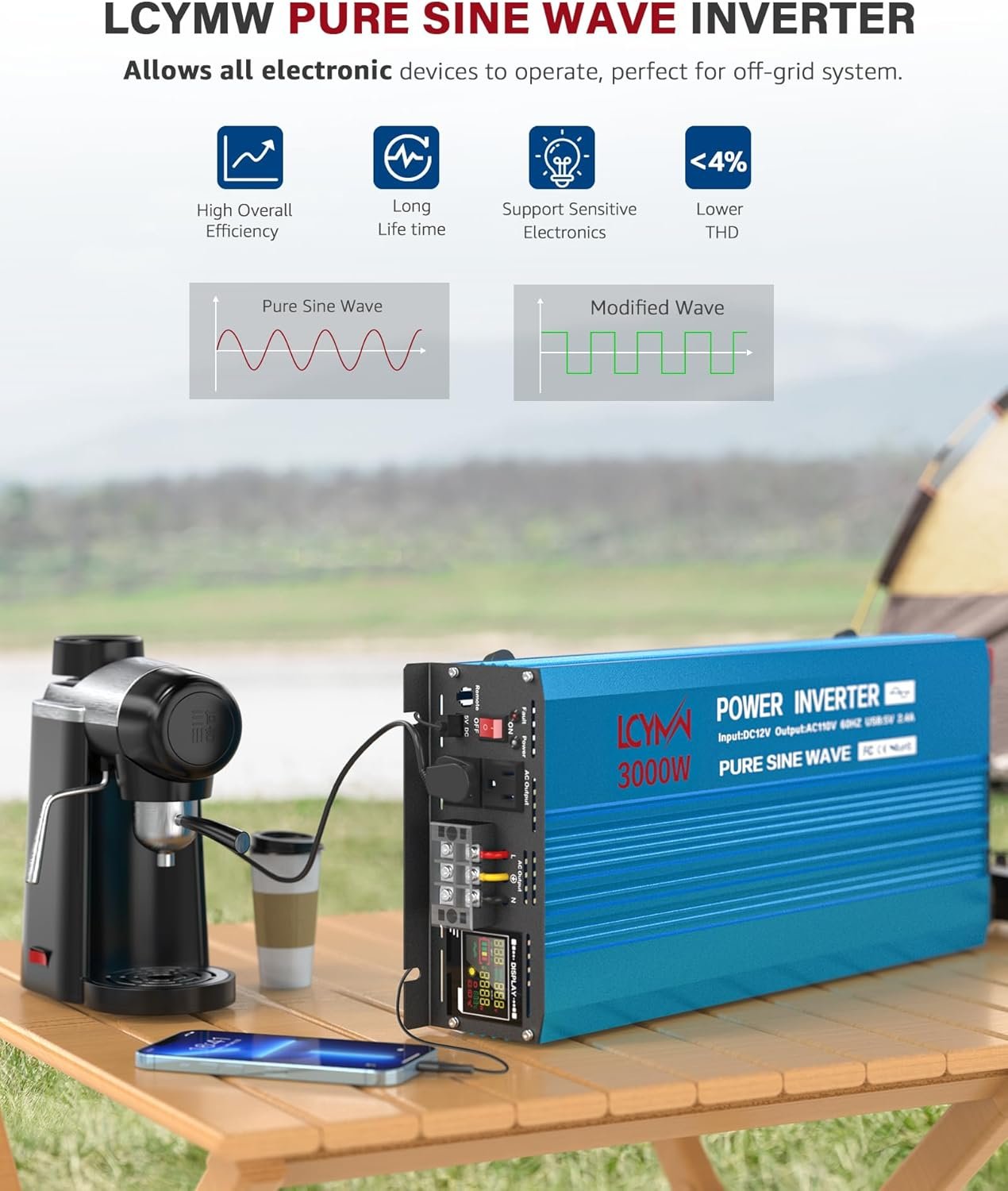 LCYMW 3000 Watt Inverter Pure Sine Wave DC 12V to 110V AC Power Inverters with 3 AC Charger Outlets, Car Inverter Solar Power Inverters for Vehicles Home with LCD Display and 2.4A USB Charging Ports
