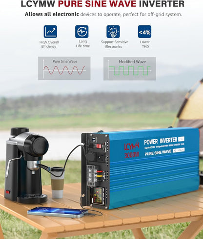 LCYMW 3000 Watt Inverter Pure Sine Wave DC 12V to 110V AC Power Inverters with 3 AC Charger Outlets, Car Inverter Solar Power Inverters for Vehicles Home with LCD Display and 2.4A USB Charging Ports