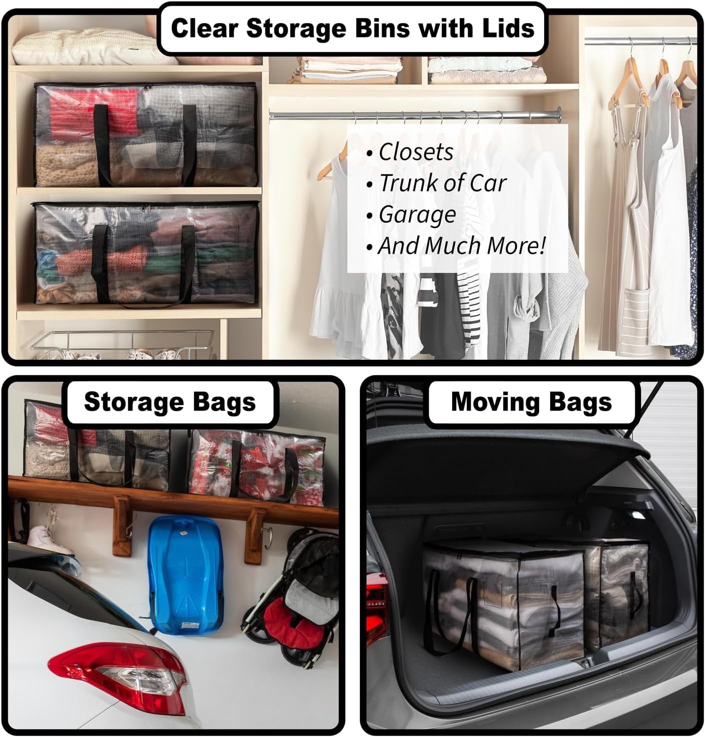 ClearSpace Oversized Moving Bags or Storage Bag – Large Moving Boxes with Backpack Straps, Zippers & Handles – Heavy-Duty Packing Bags, College Dorm, Christmas Decorations, 6 Pack