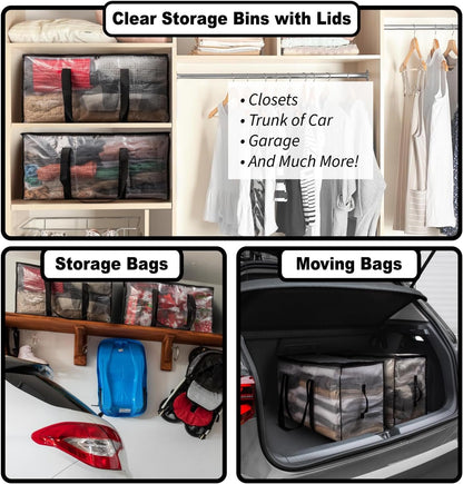 ClearSpace Oversized Moving Bags or Storage Bag – Large Moving Boxes with Backpack Straps, Zippers & Handles – Heavy-Duty Packing Bags, College Dorm, Christmas Decorations, 6 Pack
