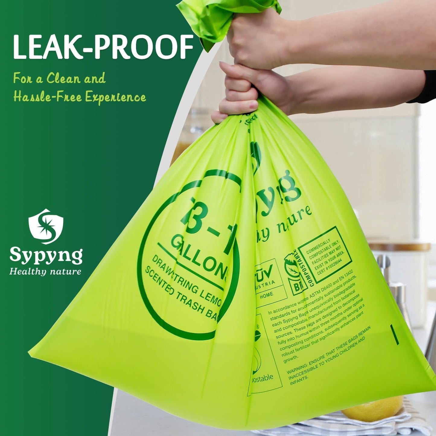 Trash Bags 100% Biodegradable and Compostable Drawstring Lemon-Scented, Large Eco-Friendly,50 Bags/Roll, Extra Thick:1,1 Mils, Compost Home Certified (Green, 13-17 Gallons)