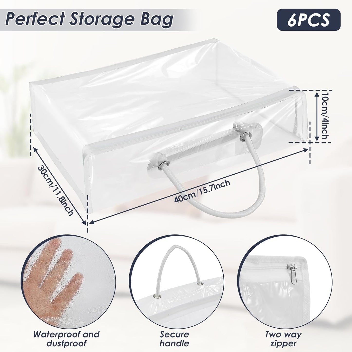Abizarch 6 Pack Large Clear Clothes Storage Bag,Travel Packing Cube, Zippered Storage Bags,PVC See Through Moving Bag with Handle for Blankets Bed Sheet Clothes 15.7x11.8x3.9 Inch