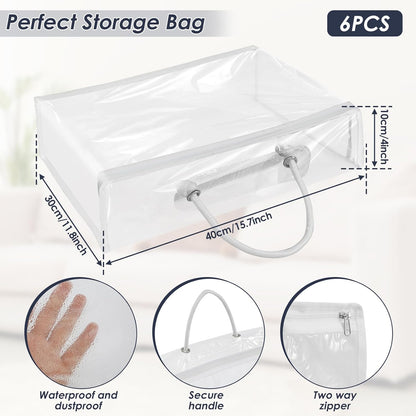Abizarch 6 Pack Large Clear Clothes Storage Bag,Travel Packing Cube, Zippered Storage Bags,PVC See Through Moving Bag with Handle for Blankets Bed Sheet Clothes 15.7x11.8x3.9 Inch