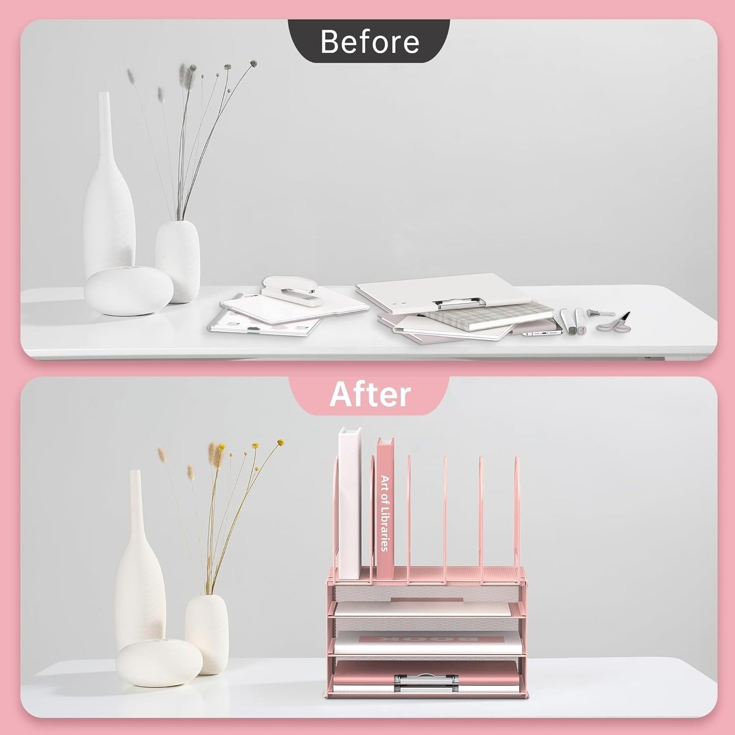 DALTACK Paper Desk Organizer, 3-Tier Letter Tray with 5 Vertical File Holders, Multifunction Desk Organizer, Desktop File Folder Organizer, Desk Organizers and Accessories for Home Office, Pink