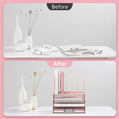 DALTACK Paper Desk Organizer, 3-Tier Letter Tray with 5 Vertical File Holders, Multifunction Desk Organizer, Desktop File Folder Organizer, Desk Organizers and Accessories for Home Office, Pink