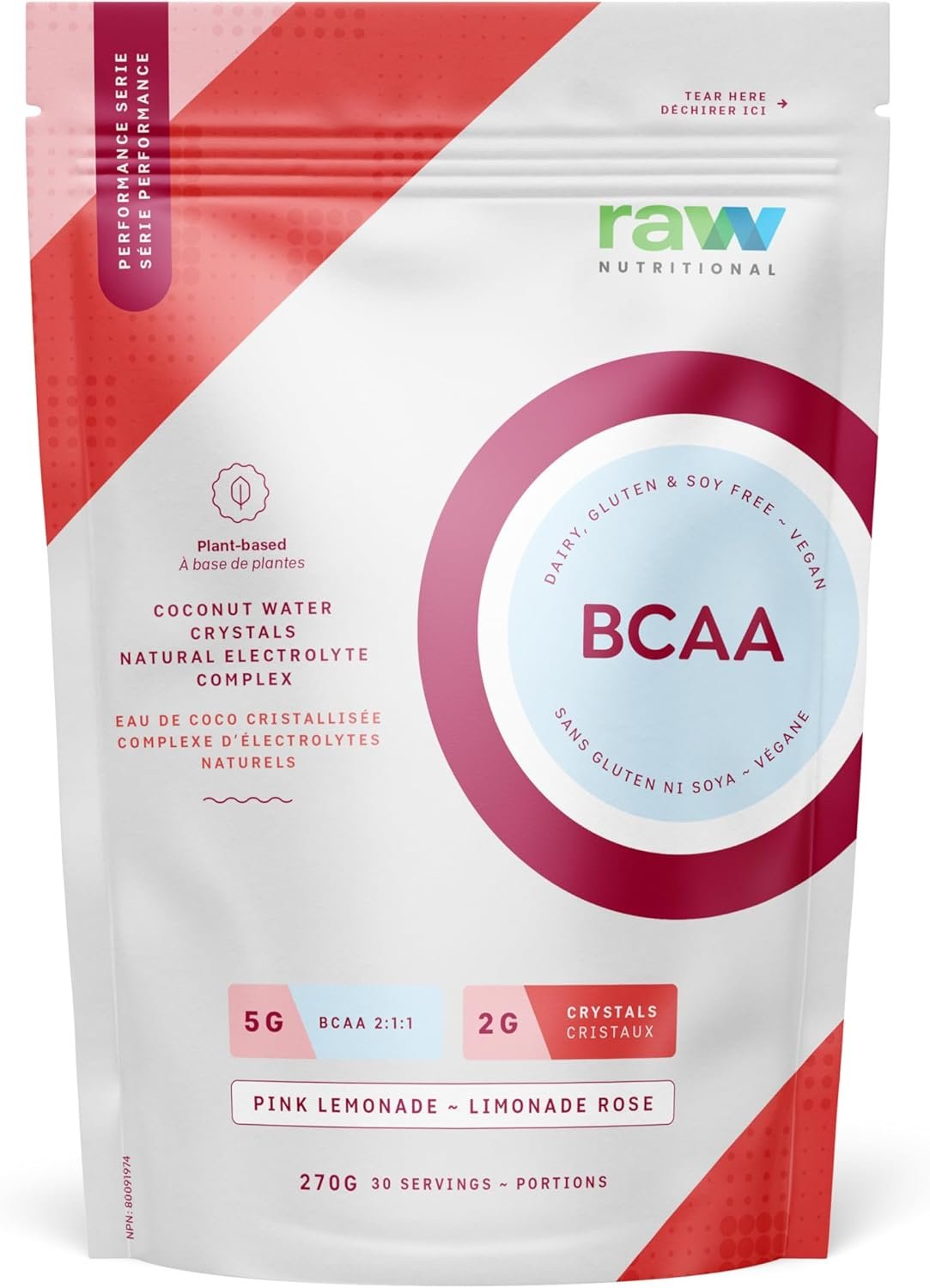 Raw Nutritional Vegan BCAA Powder | 5g 2:1:1 Ratio Amino Acids BCAAs, 2g Coconut Water Crystals | Post Workout Muscle Recovery & Electrolyte Support | 30 Servings (Pink Lemonade)