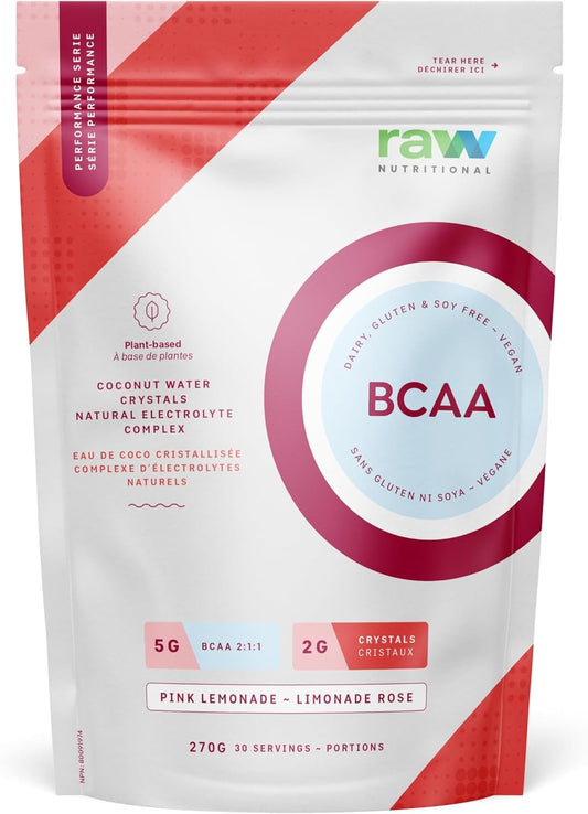 Raw Nutritional Vegan BCAA Powder | 5g 2:1:1 Ratio Amino Acids BCAAs, 2g Coconut Water Crystals | Post Workout Muscle Recovery & Electrolyte Support | 30 Servings (Pink Lemonade)