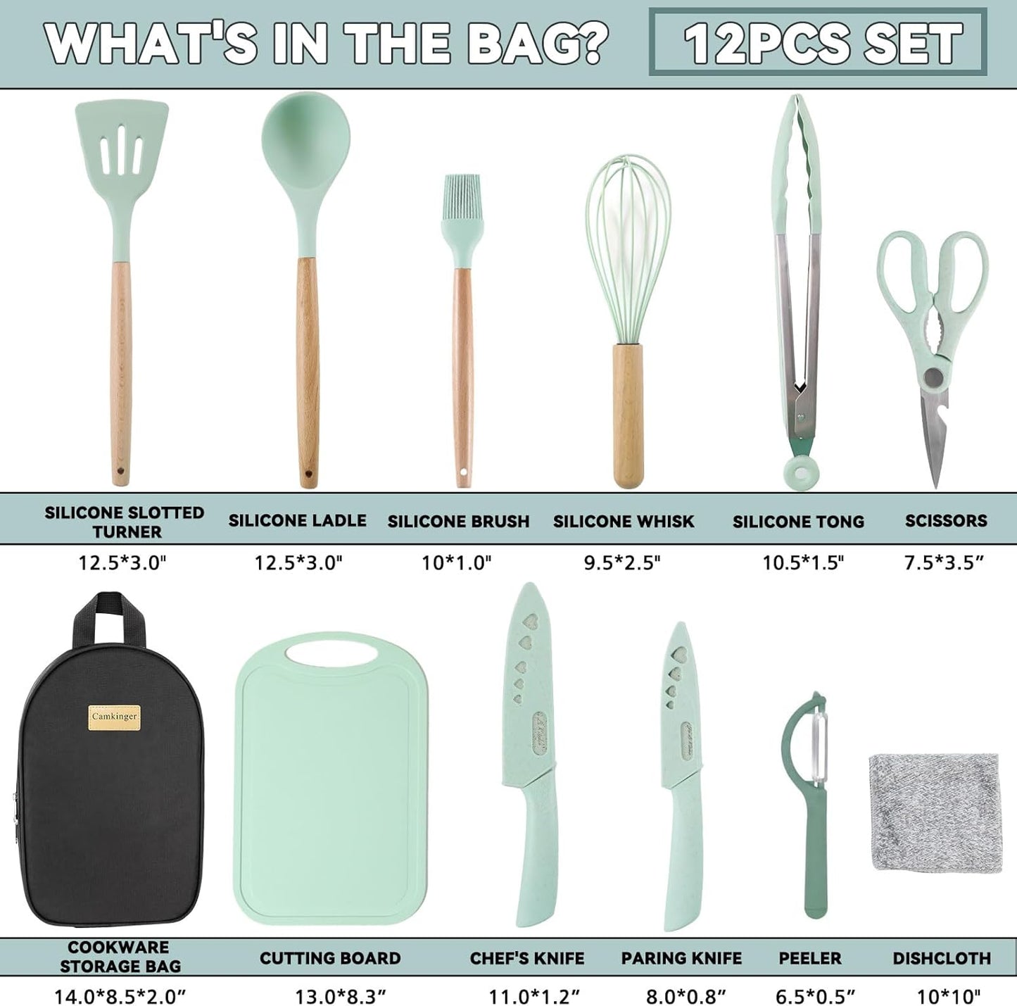 Camkinger Silicone Camping Cooking Utensils Set - 12Pcs Green Kitchen Cookware Set, Outdoor Camper Accessories with Portable Hand Bag, RV Must Haves Gear for Travel BBQ, for Camper