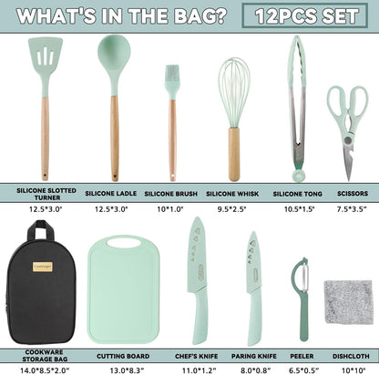 Camkinger Silicone Camping Cooking Utensils Set - 12Pcs Green Kitchen Cookware Set, Outdoor Camper Accessories with Portable Hand Bag, RV Must Haves Gear for Travel BBQ, for Camper