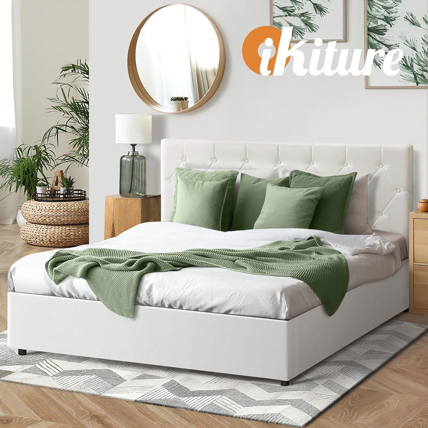 Oikiture Double Bed Frame with Storage and Gas Lift Leather Bed White