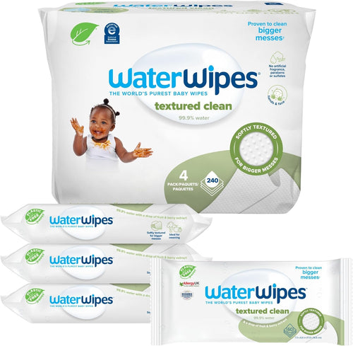 WaterWipes Plastic-Free Textured Clean, Toddler & Baby Wipes, 99.9% Water Based Wipes, Unscented & Hypoallergenic for Sensitive Skin, 240 Count (4 packs), Packaging May Vary