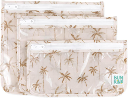 Bumkins Travel Bag, Toiletry, TSA Approved Pouch, Zip Bag, Quart Size Airline Compliant, Clear-Sided, Baby, Diaper Bag Organization, Makeup, Accessories, Packing, Set of 3 Sizes, Palm Trees