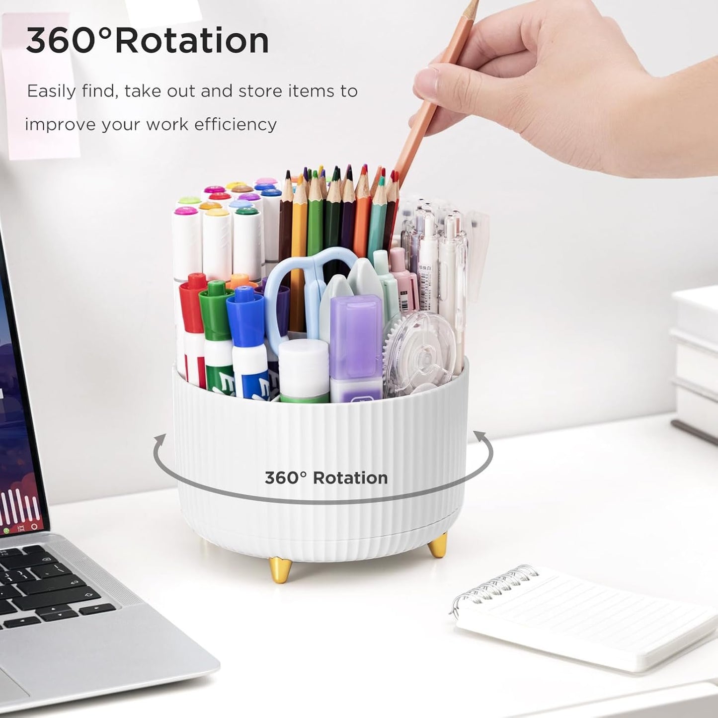 HBlife Pencil Pen Holder for Desk, 5 Slots 360° Degree Rotating Desk Organizers and Accessories, Desktop Storage Stationery Supplies Cute Pencil Cup Pot for Office, School, Home, Art Supply, White
