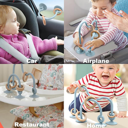 LYNSAN Suction Cup Toys Baby Silicone High Chair Toy with Wooden Rings Educational Montessori Sensory Learning Toys Gift for Kindergarten Bath Airplane Travel Car Toddlers Kids Boys Girls, Blue