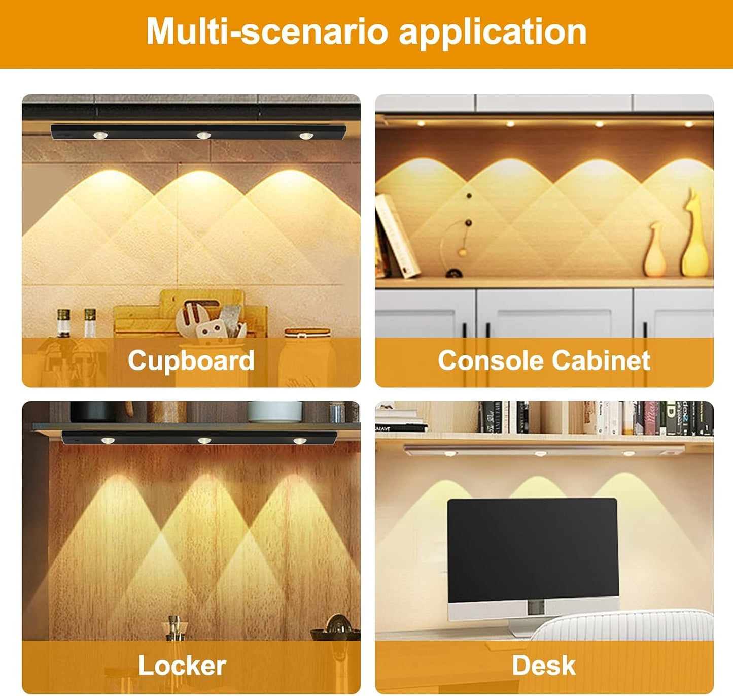 Under Cabinet Lighting, 3 Colors Dimmable Wireless Motion Sensor Closet Lights, Magnetic LED Motion Sensor Light Bar, Rechargeable Under-Counter Light for Kitchen Closet (Black-Acrylic)