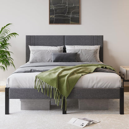 Queen Bed Frame, DUMEE Bed Frame Queen Size with Upholstered Headboard, Upholstered Bed Frame with Metal Slats Enhanced Support, No Box Spring Needed, Dark Gray Queen Bed