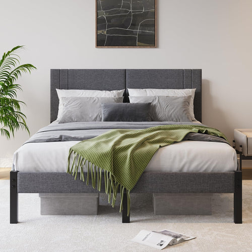 Queen Bed Frame, DUMEE Bed Frame Queen Size with Upholstered Headboard, Upholstered Bed Frame with Metal Slats Enhanced Support, No Box Spring Needed, Dark Gray Queen Bed