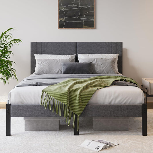 Queen Bed Frame, DUMEE Bed Frame Queen Size with Upholstered Headboard, Upholstered Bed Frame with Metal Slats Enhanced Support, No Box Spring Needed, Dark Gray Queen Bed