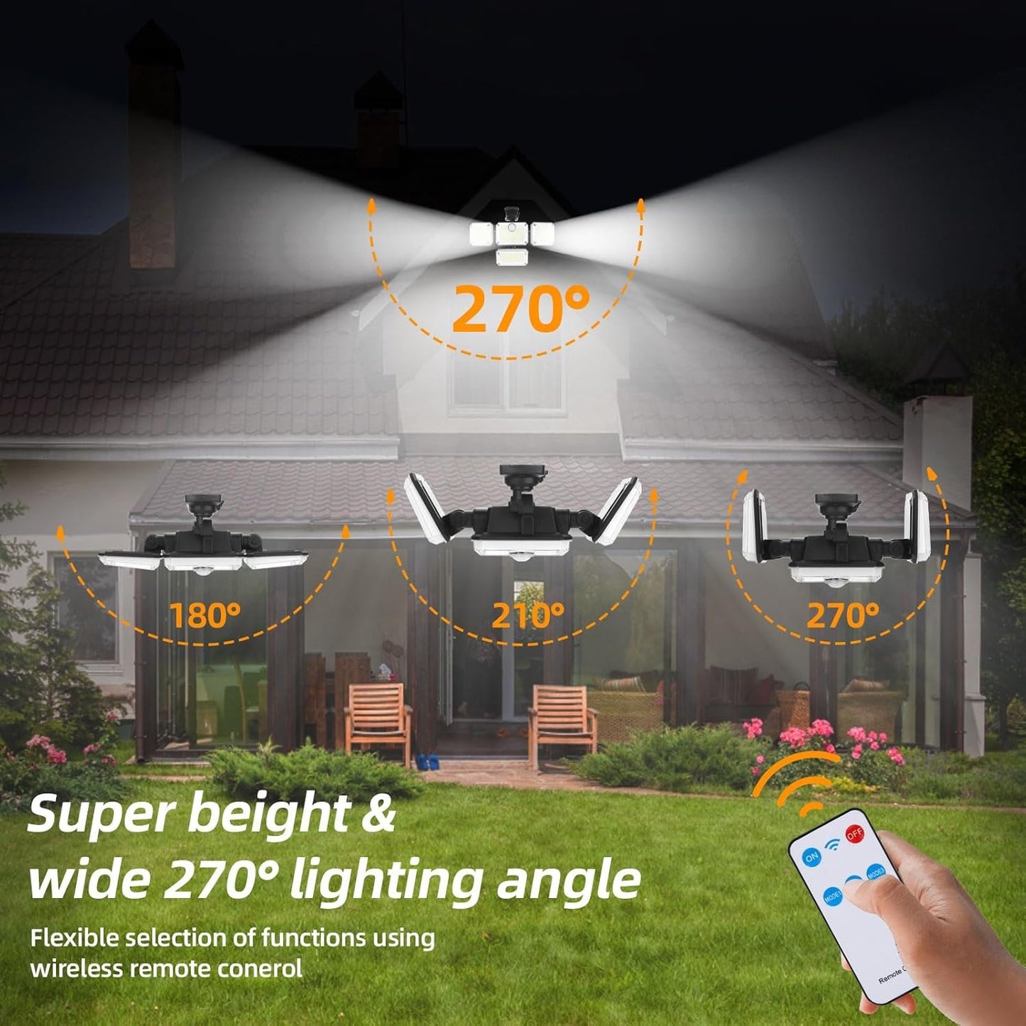 Solar Motion Sensor Light Outdoor-333LED Flood Light Motion Detection Solar Lights, 4 Heads 7000K 3600LM Security Lighting, 3 Modes with Remote Control and Waterproof for Garage Yard Entryways Patio