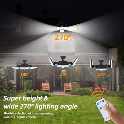 Solar Motion Sensor Light Outdoor-333LED Flood Light Motion Detection Solar Lights, 4 Heads 7000K 3600LM Security Lighting, 3 Modes with Remote Control and Waterproof for Garage Yard Entryways Patio