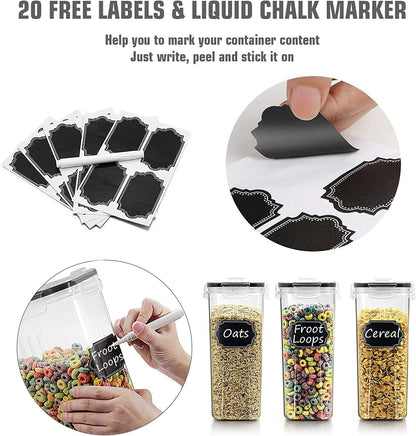 Wildone Cereal & Dry Food Storage Containers, Airtight Cereal Storage Containers Set of 8 [2.5L / 85.4oz] for Sugar, Flour, Snack, Baking Supplies, Leak-proof with Black Locking Lids