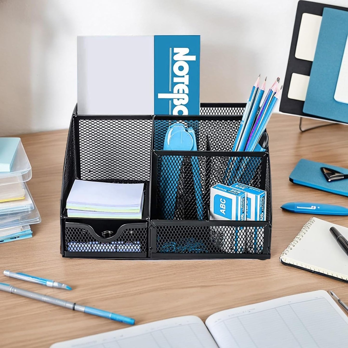 Desk Organizer with Drawer and Compartments, Small Mesh Office Desk Accessories Supplies, Metal Black Stationary Pencil Pen Holder for desk organizers and storage (Black)