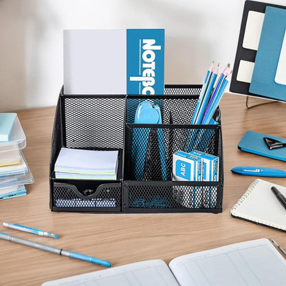 Desk Organizer with Drawer and Compartments, Small Mesh Office Desk Accessories Supplies, Metal Black Stationary Pencil Pen Holder for desk organizers and storage (Black)
