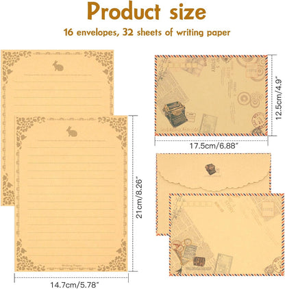 KSIWRE 48 PCS Vintage Style Stationery Paper and Envelopes Set, 32 PCS Lined Stationary Writing Paper with 16 PCS Envelopes, Old Looking Paper Antique Paper for Writing Letters Party Invitations