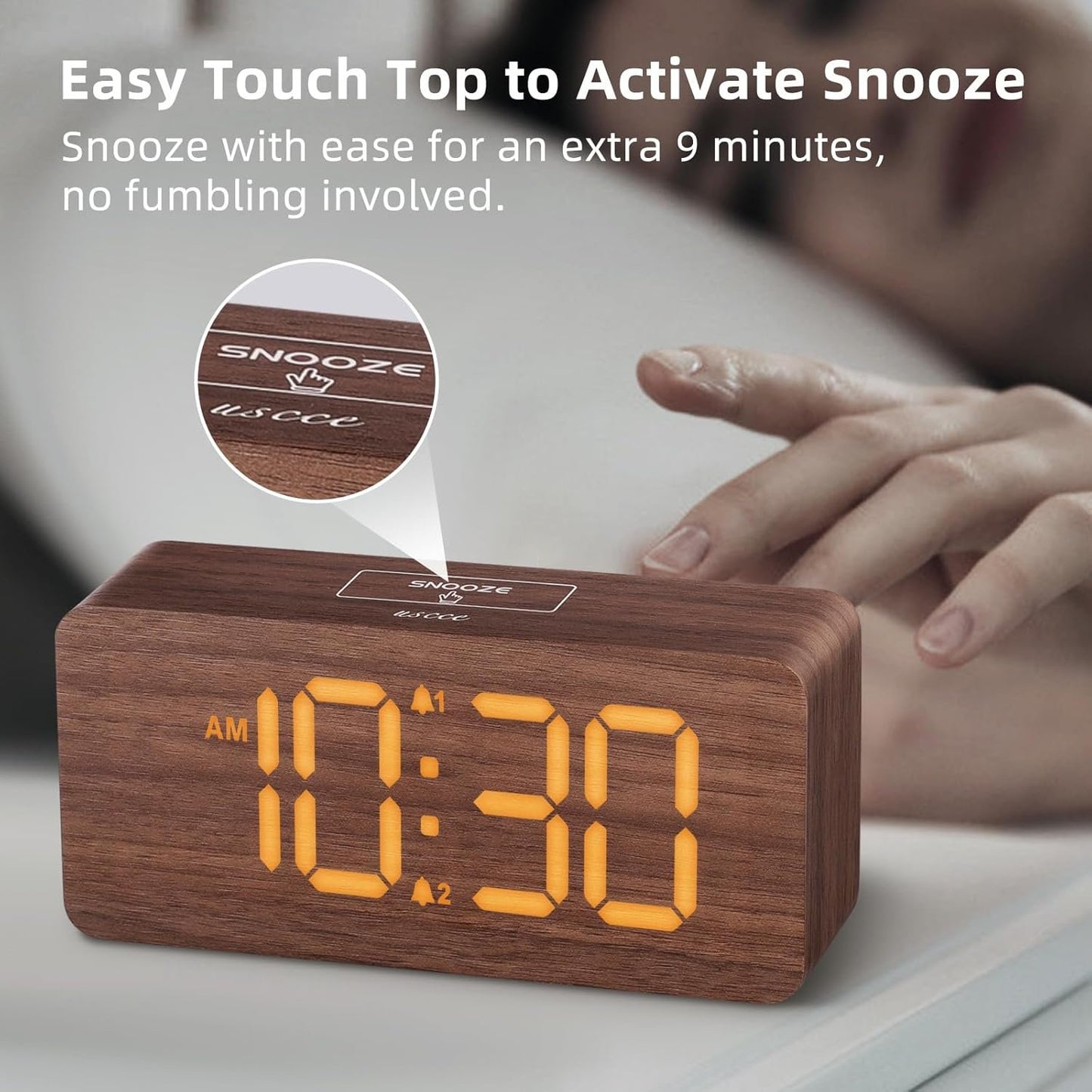 Wooden Digital Alarm Clocks for Bedrooms: Dimmable Dual Alarm Clock with Large Numbers for Bedside Desk - Brown