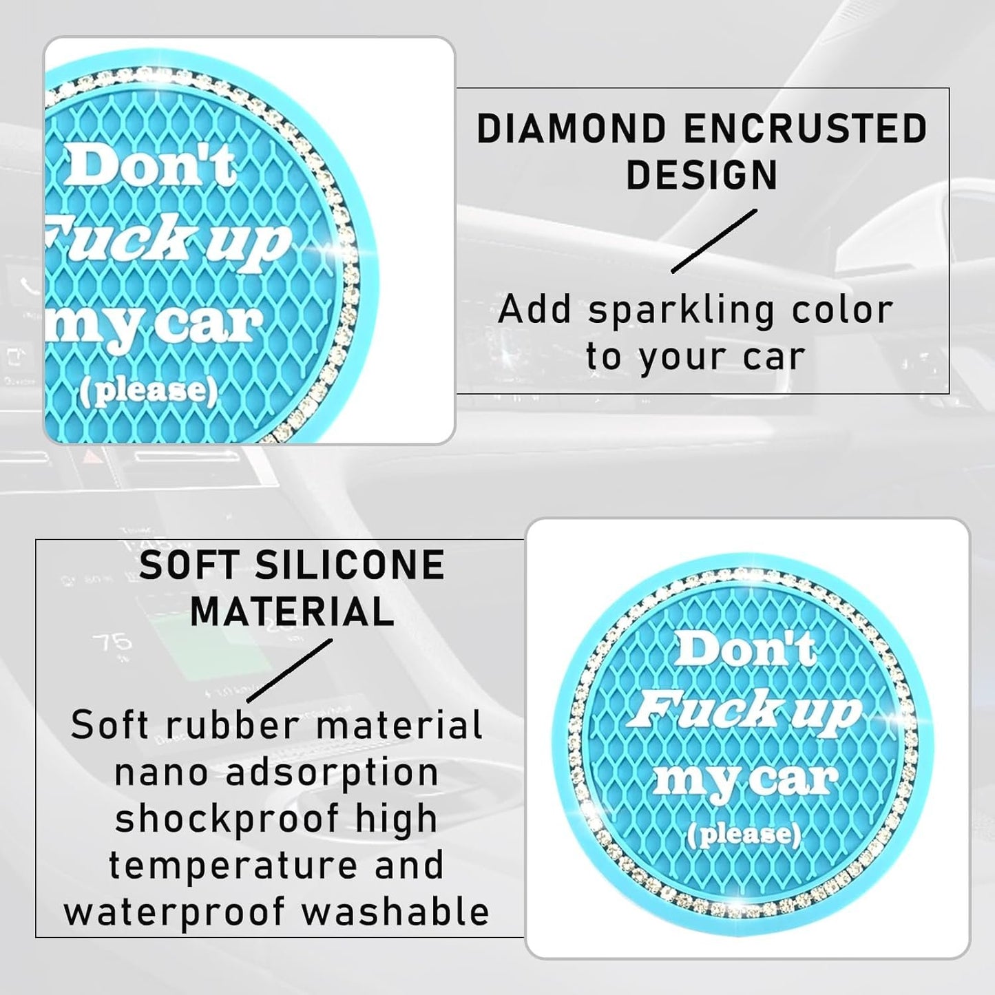 Kewucn 2 Pack Bling Car Cup Holder Coasters, 2.81 inch Anti-Slip Soft Rubber Crystal Rhinestone Auto Cup Insert Pad, Universal Vehicle Interior Decor Accessories for Car SUV Truck (Light Blue)