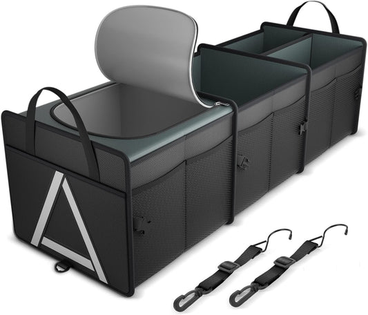 K KNODEL Sturdy Car Trunk Organizer with Premium Insulation Cooler Bag, Heavy Duty Collapsible Trunk Storage Organizer for Car, SUV, Truck, or Van (3 Compartments, Black)