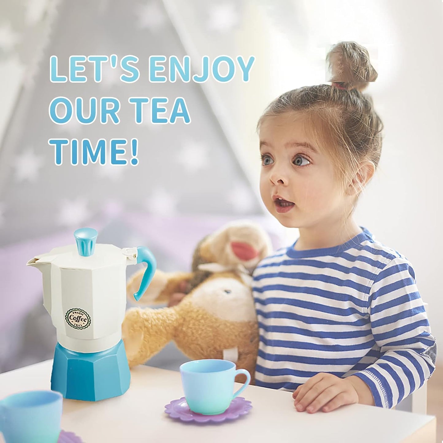 CYZAM Tea Party Set Pretend Play Food Playset Accessories, Coffee Pot Dessert Play Kitchen Set Toy for 3 4 5 6 7 8 Years Old Kids Boys Girls