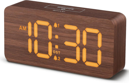 Wooden Digital Alarm Clocks for Bedrooms: Dimmable Dual Alarm Clock with Large Numbers for Bedside Desk - Brown