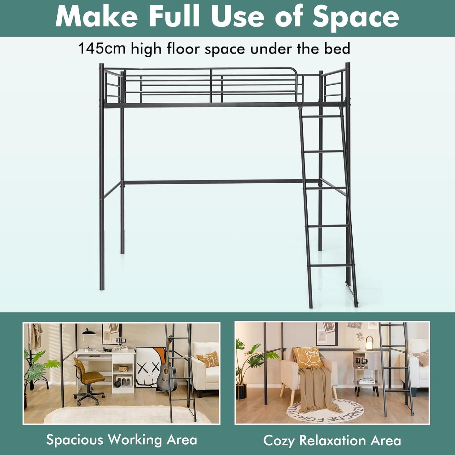 Giantex Loft Bed with Ladder, Heavy-Duty Steel Bed Frame with High Guard Rails & Ample Underneath Floor Space for Working & Relaxation, Versatile Bed Frame, No Box Spring Needed, Space-Saving (Black)