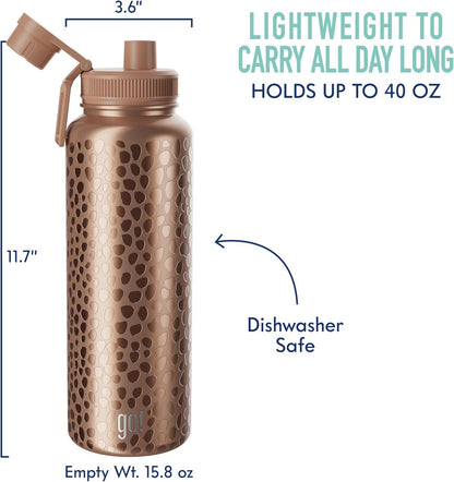 40oz Stainless Steel Sports Bottle with Triple Insulation & Copper Lining – Keeps Drinks Cold for 18 Hours & Hot for 6 – Threaded Lid with Attached Cap, Carrying Handle and Sweat-Free (Copper Animal)