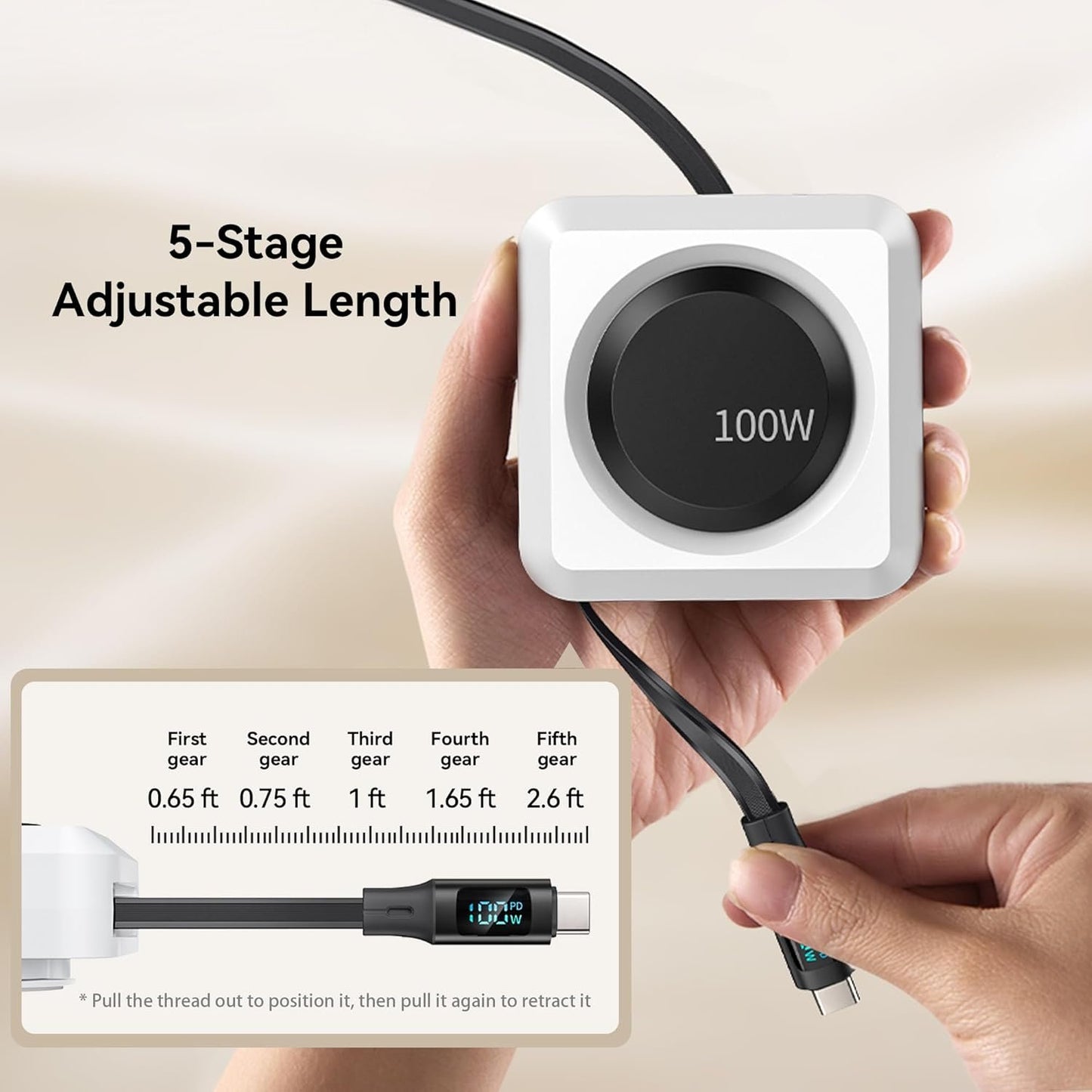 PZOZ 100W Retractable USB C Cable with LED Display, USB Multi Charging Cable with Lightning Micro Adapter Ports for iPhone 16 15 14 iPad Mac Samsung, Stickable Desktop Management Cord (1.5m)