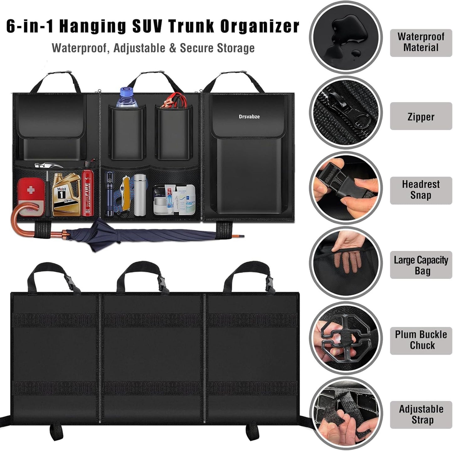 Trunk Organizer for SUV – Zippered 3-Section Design, Modular Storage with 7 Pockets, Upgraded TP Leather & 600D Oxford Cloth, Waterproof and Scratch-Resistant – Perfect for SUV, Pickup, MPV