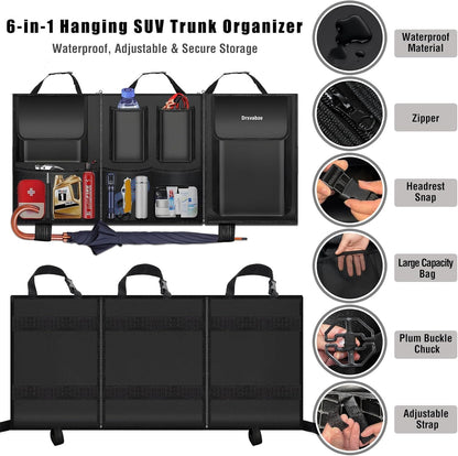 Trunk Organizer for SUV – Zippered 3-Section Design, Modular Storage with 7 Pockets, Upgraded TP Leather & 600D Oxford Cloth, Waterproof and Scratch-Resistant – Perfect for SUV, Pickup, MPV