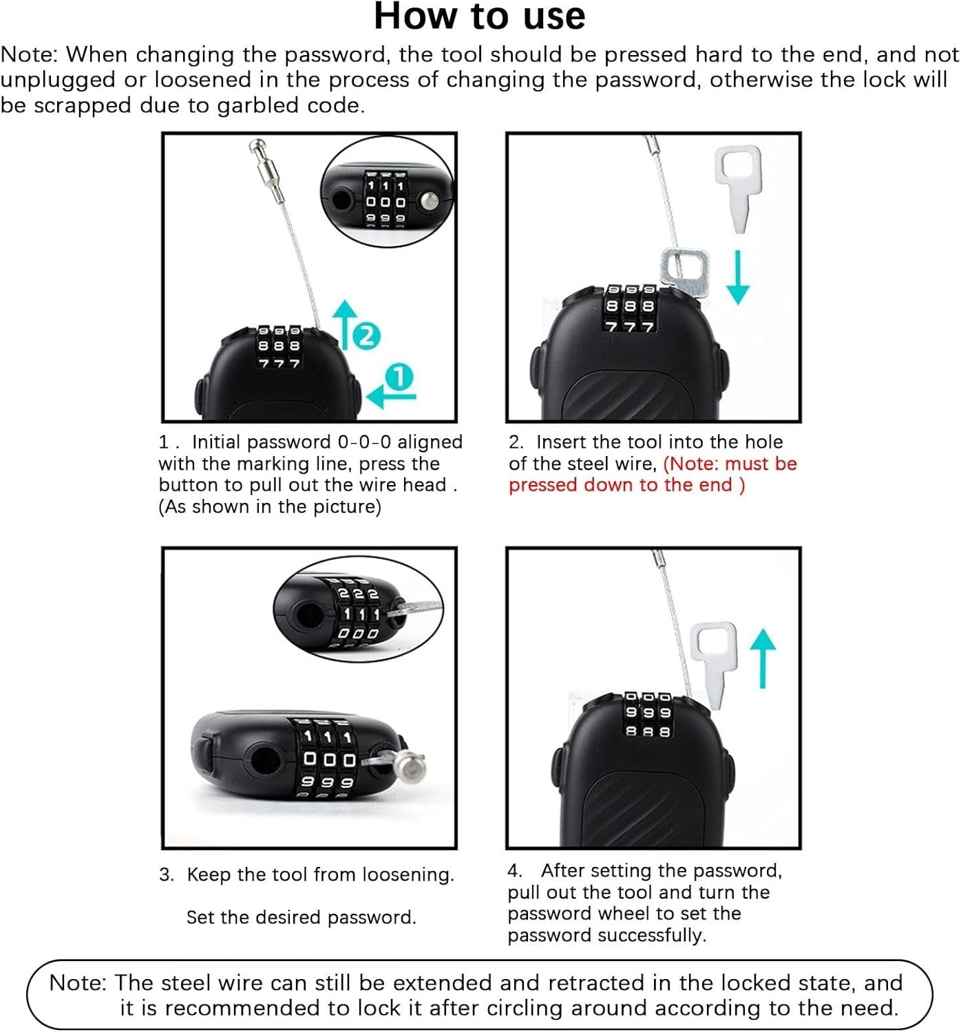 Retractable Locker - Steel Cable Ski Lock | Steel Cable Ski Lock | Luggage Padlocks | Security Password Lock Combination Padlocks | Snowboard Security Device for Luggage, Stroller